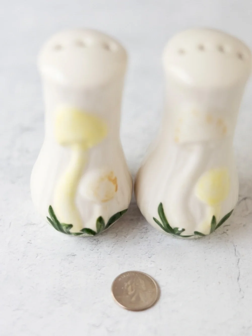 Vintage 1970s hand painted mushroom salt pepper shakers white yellow